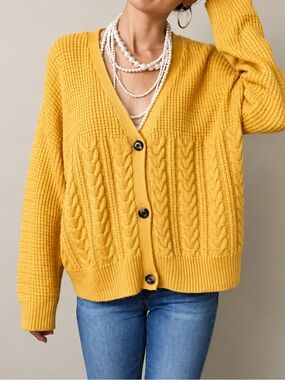 Splendid Large Mustard Yellow Cable Knit Button Front Cardigan Sweater EUC $188